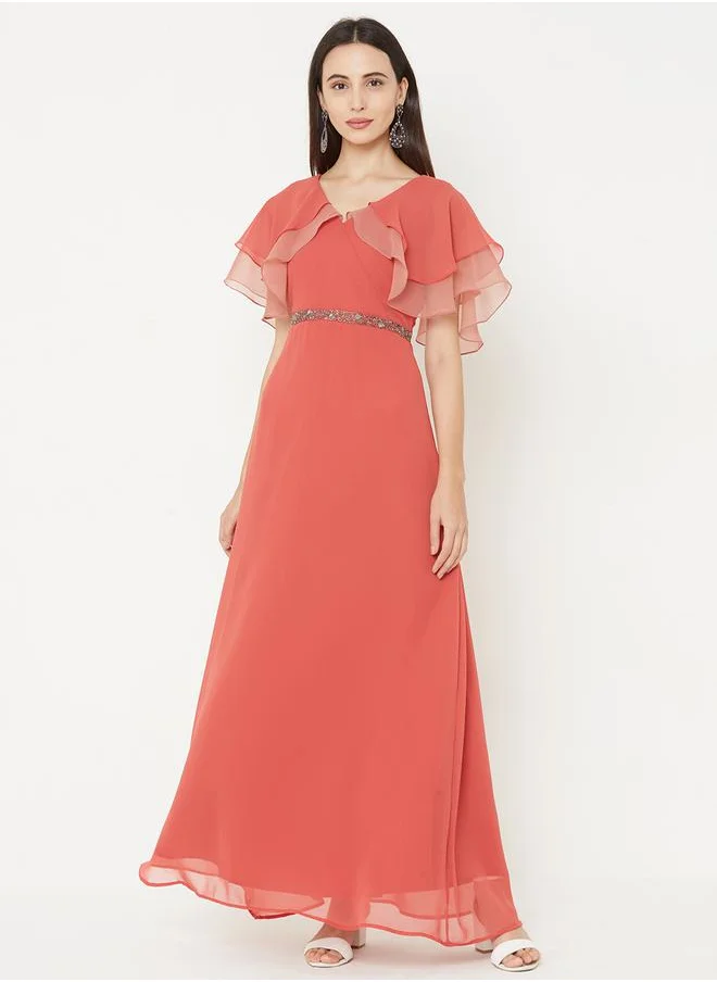 ميش Solid Georgette A-Line Maxi Dress with Cape Sleeve