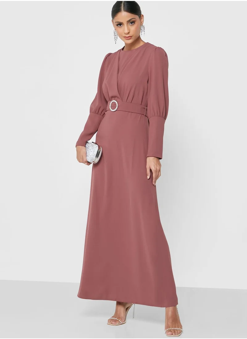 Khizana Belted Dress With High Neck