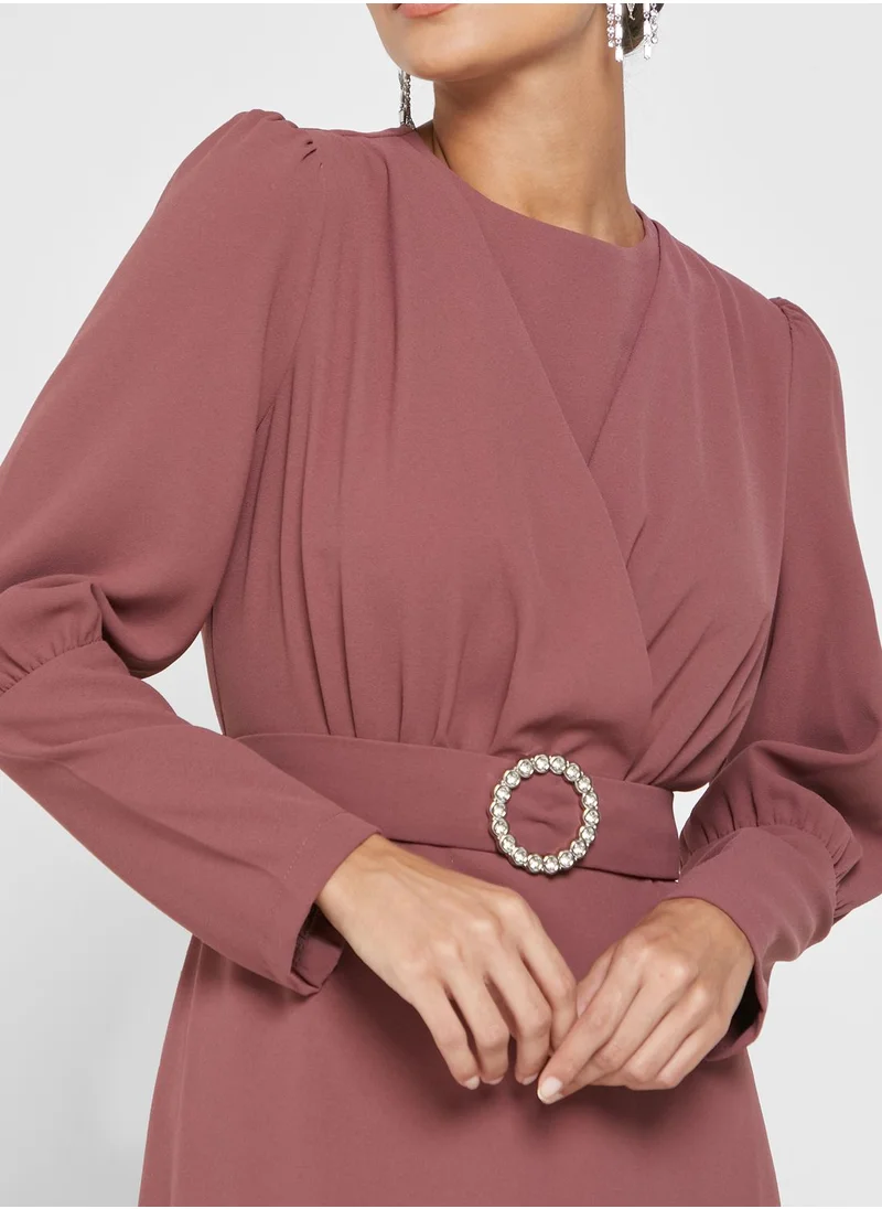 Khizana Belted Dress With High Neck