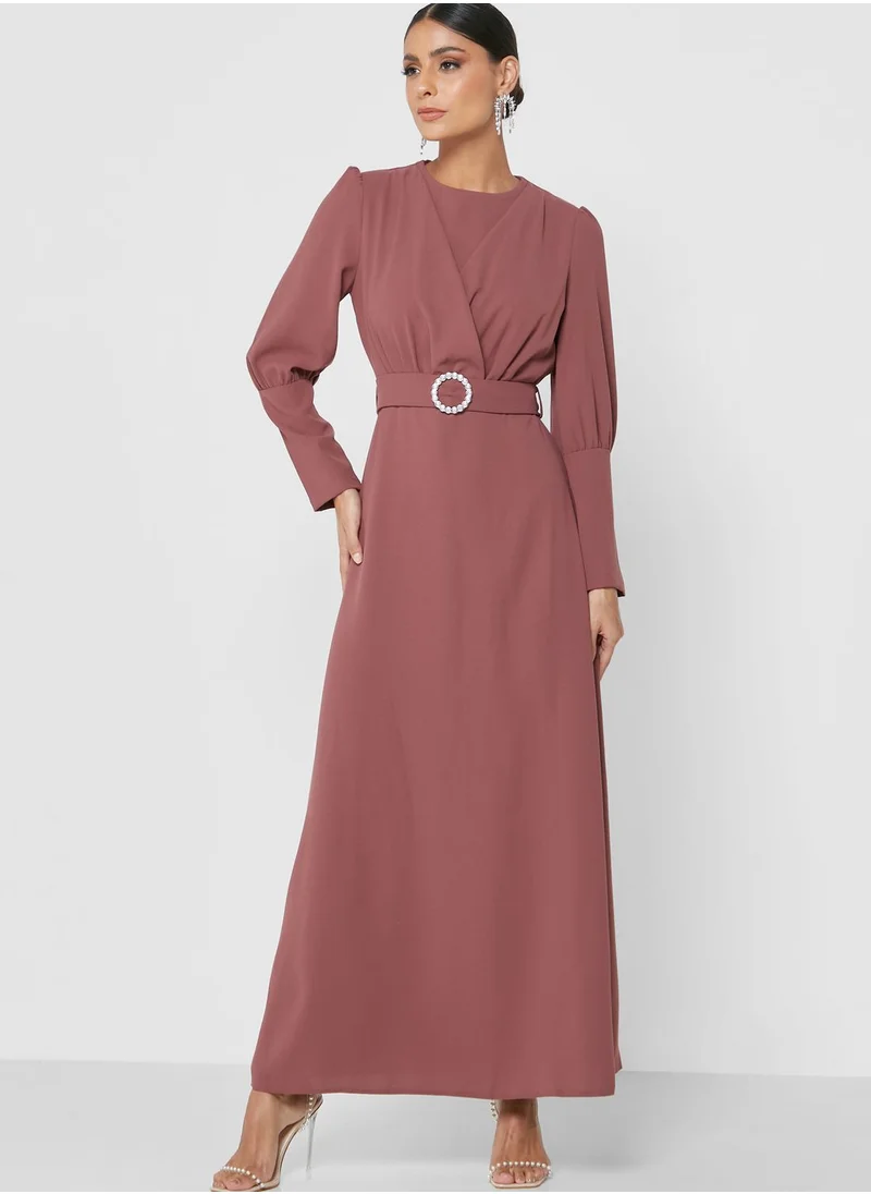 Khizana Belted Dress With High Neck