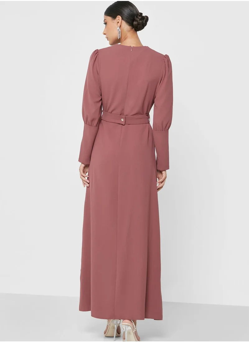 Khizana Belted Dress With High Neck