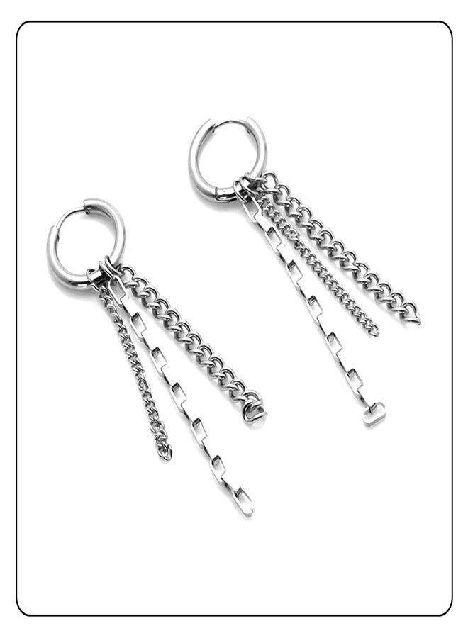 Fusamk Fashion Stainless Steel Huggie Hinged Hoop Earrings Tassel Long Chain Dangling Drop Earrings - Image 5
