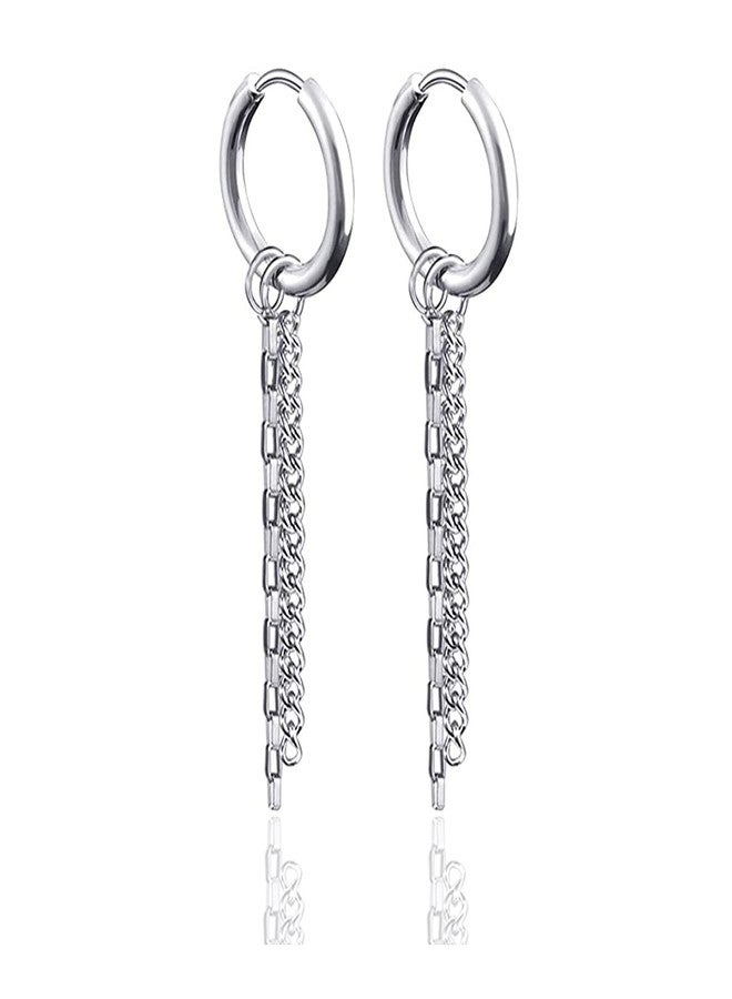 Fusamk Fashion Stainless Steel Huggie Hinged Hoop Earrings Tassel Long Chain Dangling Drop Earrings - Image 1