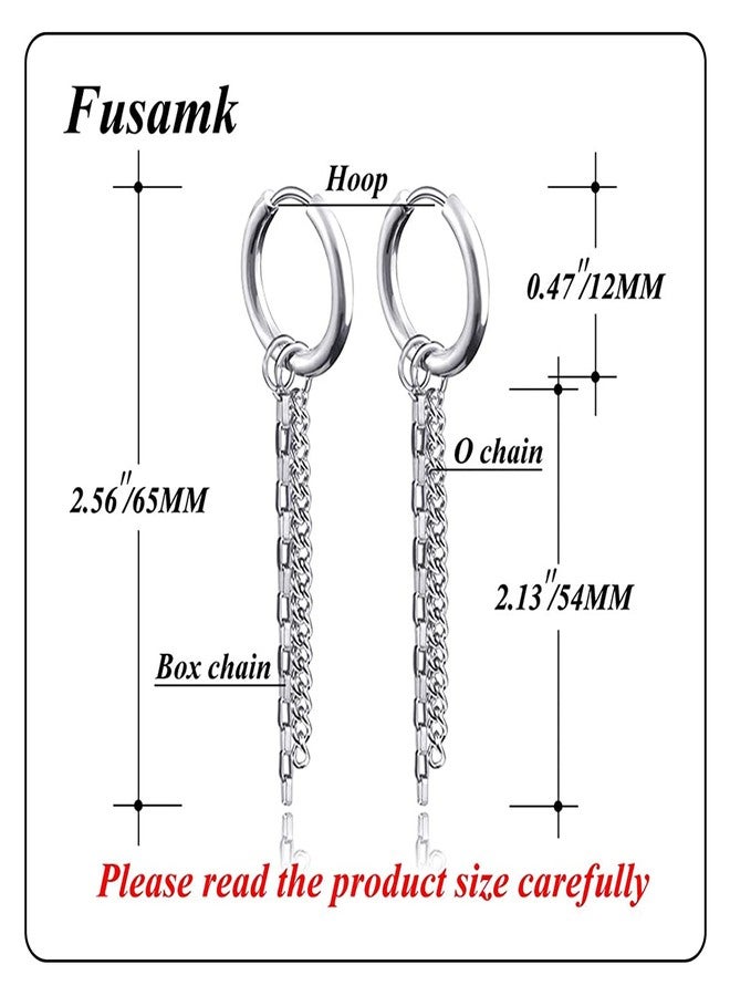 Fusamk Fashion Stainless Steel Huggie Hinged Hoop Earrings Tassel Long Chain Dangling Drop Earrings - Image 2