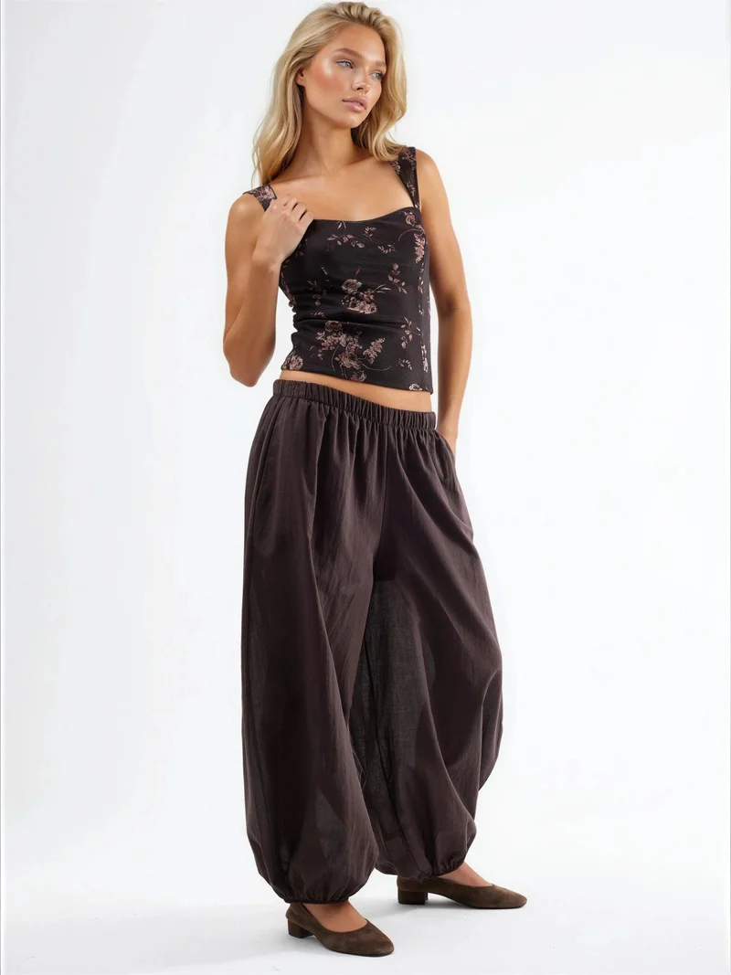 Busem Coffee Brown Elastic Waist Balloon Pants with Pockets for Women | Best Price UAE