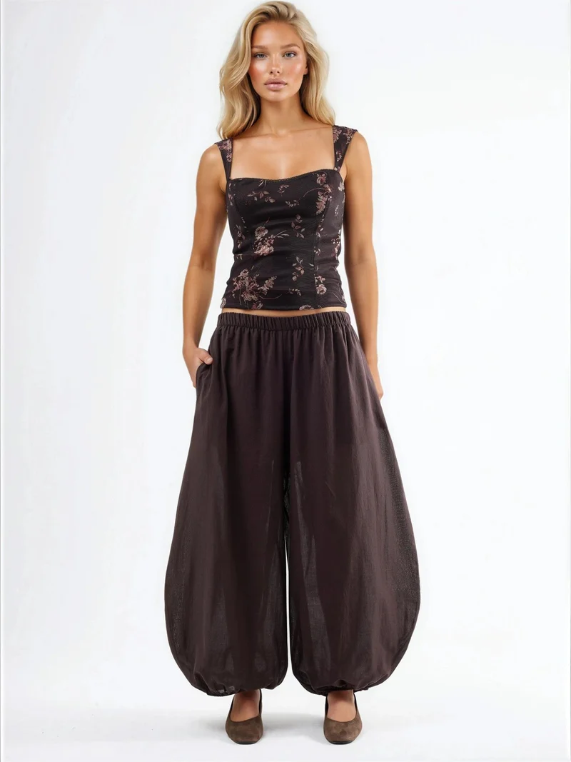 Busem Coffee Brown Elastic Waist Balloon Pants with Pockets for Women | Best Price UAE