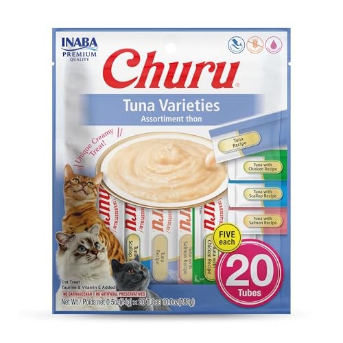 INABA Churu Cat Treats, Lickable, Squeezable Creamy Purée Cat Treat with Green Tea Extract & Taurine, 0.5 Ounces Each Tube, 20 Tubes, Tuna Variety - Image 1