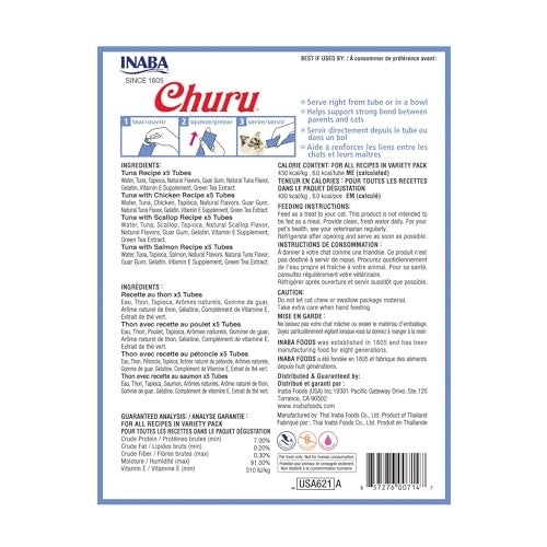 INABA Churu Cat Treats, Lickable, Squeezable Creamy Purée Cat Treat with Green Tea Extract & Taurine, 0.5 Ounces Each Tube, 20 Tubes, Tuna Variety - Image 2