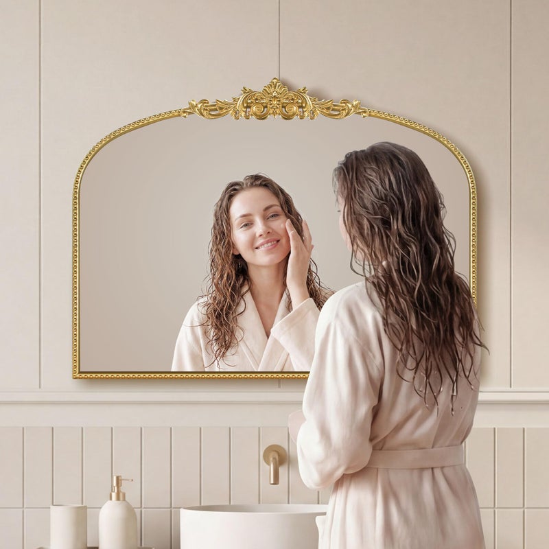 Wemily مرآة ويملي الذهبية العتيقة 32x24 بوصة، إطار مزخرف من أوراق الغار مع خرز، مرآة زينة ديكورية، مرآة حمام أفقية على الطراز العتيق لغرفة المعيشة، المدخل، التسريحة، المدفأة - Image 5