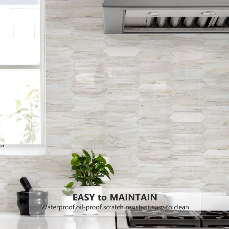 Vamos Tile Glossy Wood Marble Grain Backsplash Tile Peel and Stick, 12.8 x 12.8 Inch 10 Sheets Long Hexagon PVC Self Adhesive Mosaic Wall Tiles Stick on Backsplash for Kitchen and Bathroom - Image 3