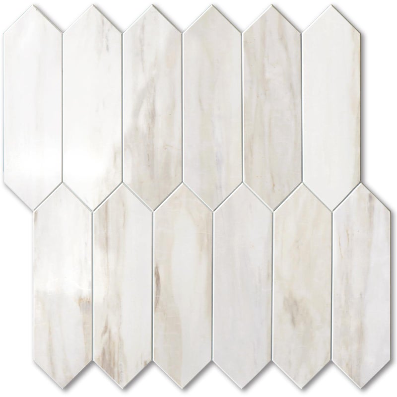 Vamos Tile Glossy Wood Marble Grain Backsplash Tile Peel and Stick, 12.8 x 12.8 Inch 10 Sheets Long Hexagon PVC Self Adhesive Mosaic Wall Tiles Stick on Backsplash for Kitchen and Bathroom - Image 1