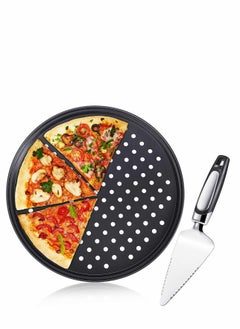 Pizza Crisper Set, Carbon Steel Pizza Pans Perforated Non-Stick Tray with Holes, Stainless Steel Cake Pizza Cutter Tart Dessert Slicer for Home Restaurant Hotel Use, 2 Pieces