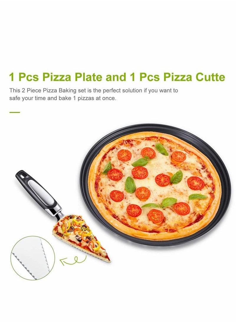 Excefore - Pizza Crisper Set, Carbon Steel Pizza Pans Perforated Non-Stick Tray with Holes, Stainless Steel Cake Pizza Cutter Tart Dessert Slicer for Home Restaurant Hotel Use, 2 Pieces - Image 1