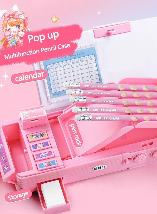Pop up Multifunction Pencil Case for Kids Unique Stationery Set School Supplies for School Students with Sharpener Password Lock Schedule Whiteboard(Pink) - Image 5