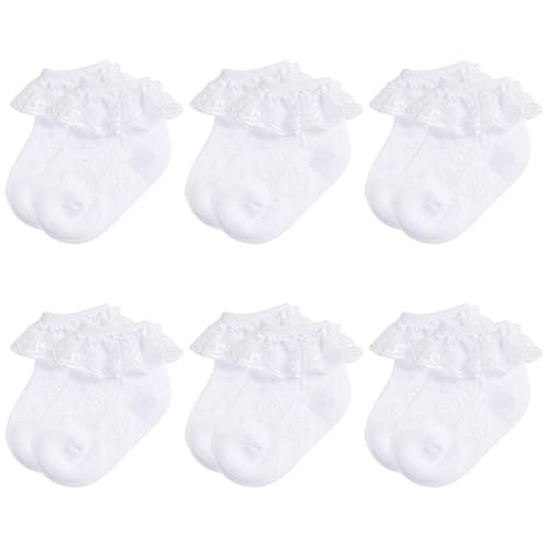 Santgoo Baby girls Socks Ruffle Eyelet Lace Socks 3-6 Infant White Dress Socks For Newborn White 6 Pairs - Image 1