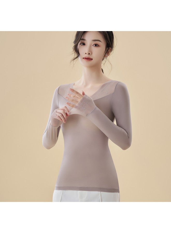 Modal Elegant Lace Base Layer Long Sleeve, Comfortable Skin-Friendly Stretch Warm Top For Women - Image 3