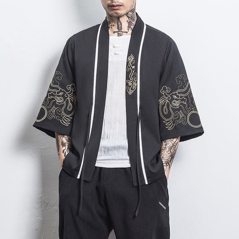 Chinese Style Shirt Mens Loose Cardigan Robe Japanese Style Dragon and Phoenix Crane Embroidery Seven-point Sleeve Hanfu Thin Coat 204 Black 