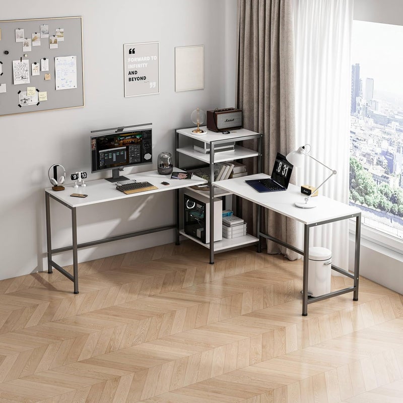 JOYSEUS Extra Long Computer Desk for Two People, with Bookshelf, L-Shape Design, Large Office Desk Study Table with CPU Stand and Storage Shelves, Adjustable Feet (white) - Image 1