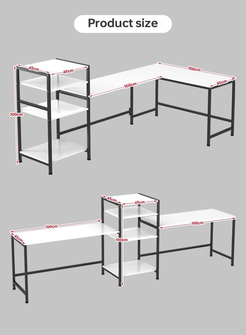JOYSEUS Extra Long Computer Desk for Two People, with Bookshelf, L-Shape Design, Large Office Desk Study Table with CPU Stand and Storage Shelves, Adjustable Feet (white) - Image 2