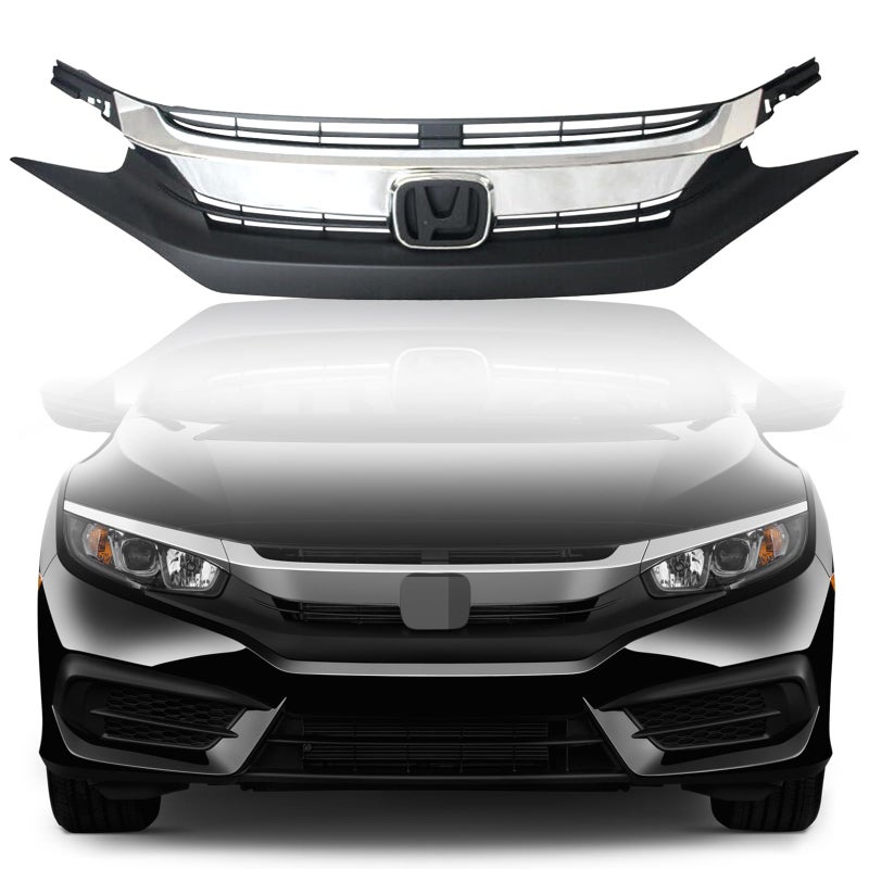 Kspeed Front Bumper Grille for 2016 2017 2018 Honda Civic Black with Chrome Molding Front Upper Hood Grill Replacement Part