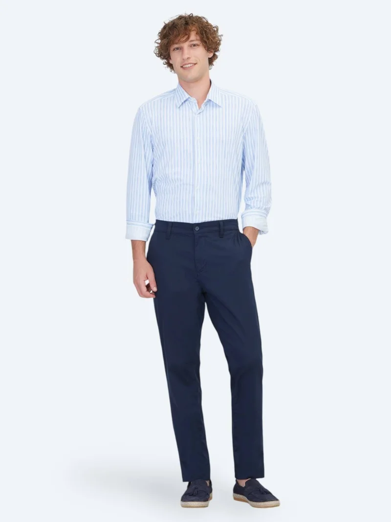 Kip Navy Blue Weaving Jogging Fit Casual Cotton Blended Trousers