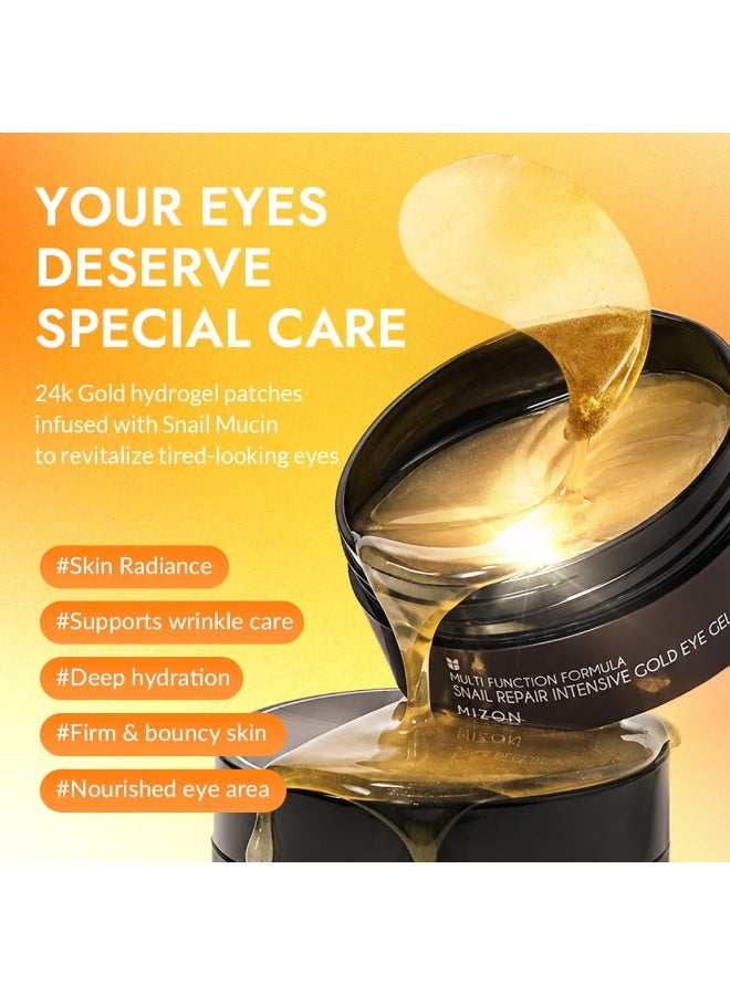 MIZON SNAIL INTENSIVE GOLD EYE GEL PATCH for Dark Circles, Moisturising Eye Serum Mask, Cooling Hydrogel for Under Eye Bags, Reduces Wrinkle 30 PAIRS (Gold & Snail) - Image 2