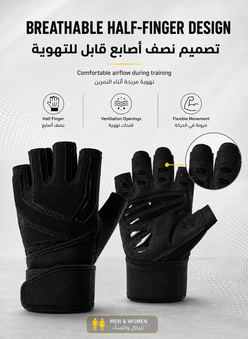 fdsport Half Finger Weight Lifting Gloves with 46.5cm Wrist Support Wrap, Thick EVA Shock-Absorbing Palm Padding, Anti-Slip Silicone Grip, Breathable Gym Workout Gloves for Men and Women, Black, 18 x 10 cm - Image 5