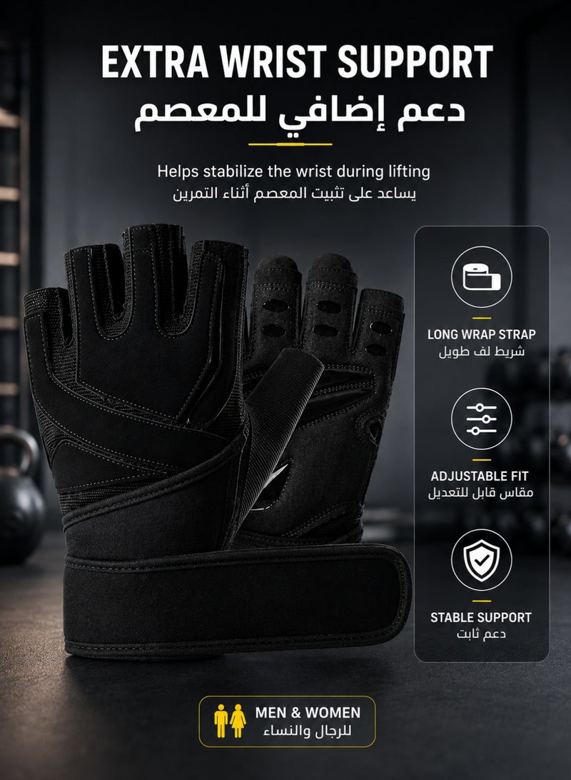 fdsport Half Finger Weight Lifting Gloves with 46.5cm Wrist Support Wrap, Thick EVA Shock-Absorbing Palm Padding, Anti-Slip Silicone Grip, Breathable Gym Workout Gloves for Men and Women, Black, 18 x 10 cm - Image 2