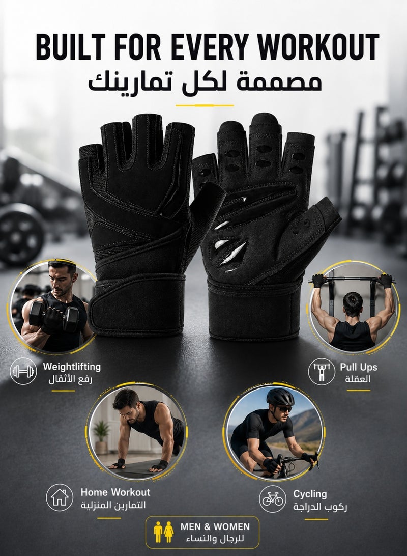 fdsport Half Finger Weight Lifting Gloves with 46.5cm Wrist Support Wrap, Thick EVA Shock-Absorbing Palm Padding, Anti-Slip Silicone Grip, Breathable Gym Workout Gloves for Men and Women, Black, 18 x 10 cm - Image 4