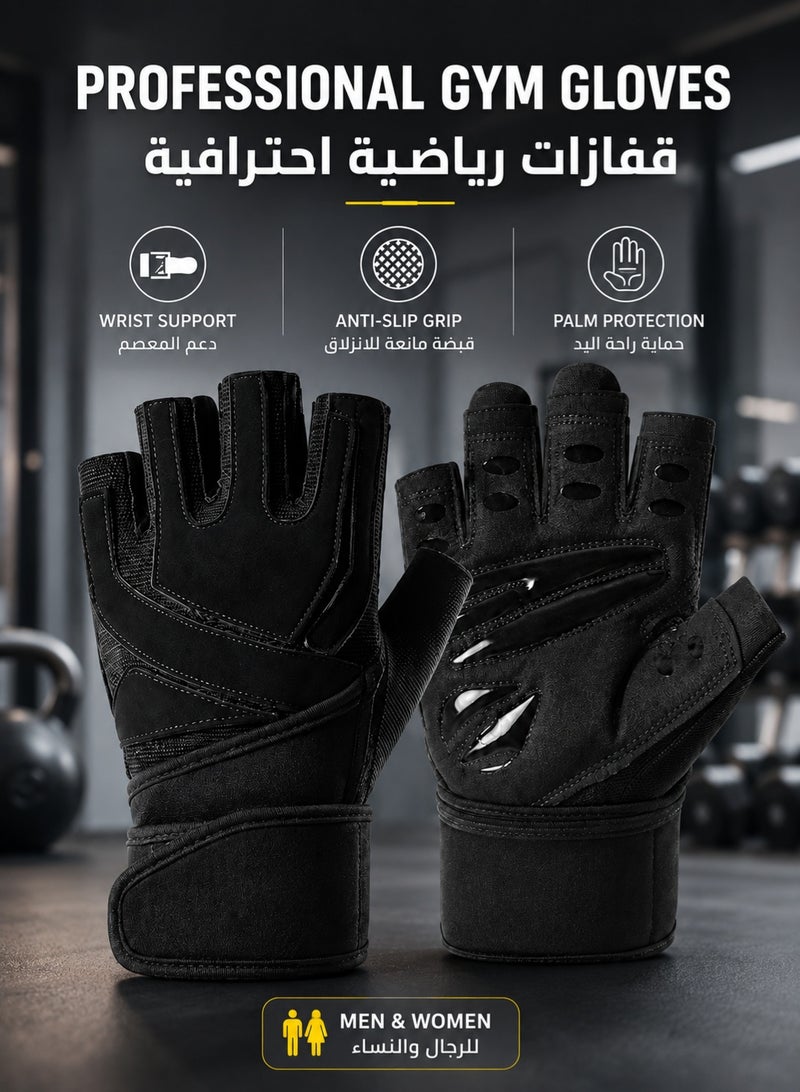 fdsport Half Finger Weight Lifting Gloves with 46.5cm Wrist Support Wrap, Thick EVA Shock-Absorbing Palm Padding, Anti-Slip Silicone Grip, Breathable Gym Workout Gloves for Men and Women, Black, 18 x 10 cm - Image 1
