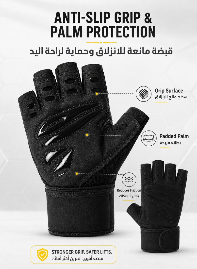 fdsport Half Finger Weight Lifting Gloves with 46.5cm Wrist Support Wrap, Thick EVA Shock-Absorbing Palm Padding, Anti-Slip Silicone Grip, Breathable Gym Workout Gloves for Men and Women, Black, 18 x 10 cm - Image 3