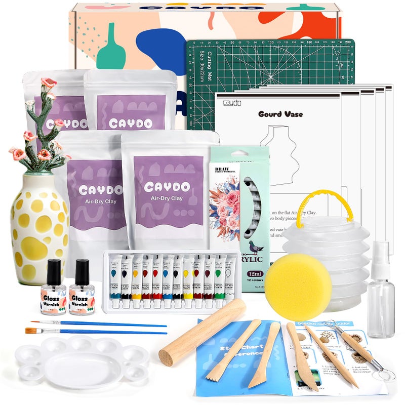 Caydo 2KG Air Dry Clay Pottery Kit for Beginners and Adults  DIY Craft Set with 5 Pottery Template Kit Tools Acrylic Paints Varnish and StepbyStep Guide  Ideal for Ceramic Kit and Gift