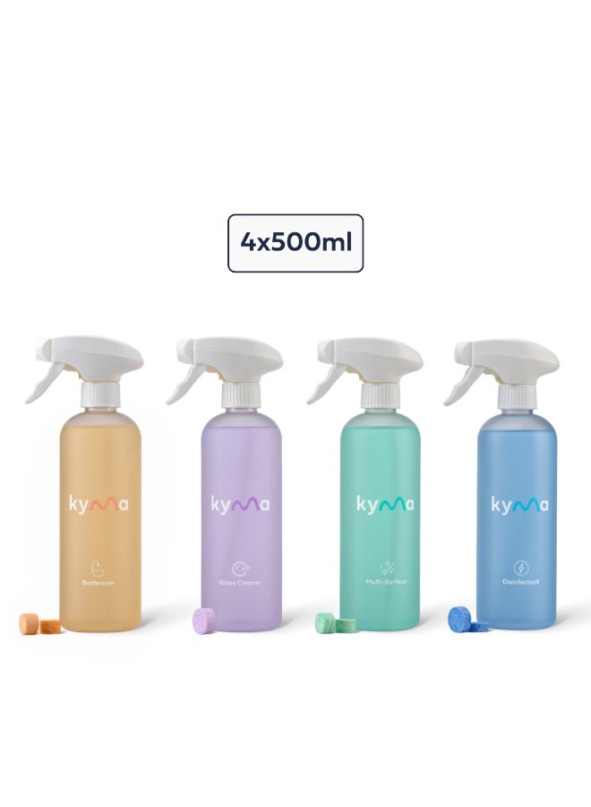 kyma Fab Four, 4 Refillable Bottles + 4 Refills, 2L (Makes 1x 500ml Disinfectant + 1x 500ml Multi-Surface Cleaner + 1x 500ml Glass Cleaner + 1x 500ml Bathroom Cleaner) - Image 2
