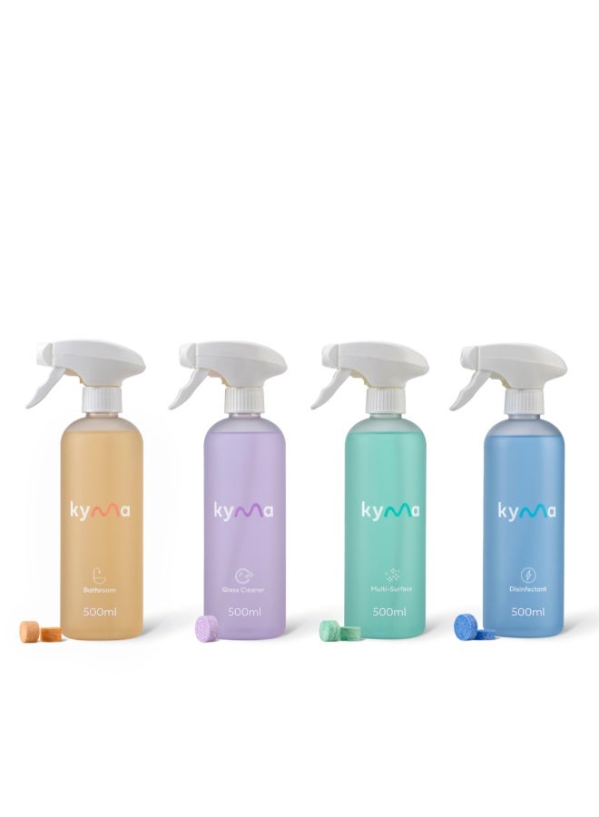 kyma Fab Four, 4 Refillable Bottles + 4 Refills, 2L (Makes 1x 500ml Disinfectant + 1x 500ml Multi-Surface Cleaner + 1x 500ml Glass Cleaner + 1x 500ml Bathroom Cleaner) - Image 1