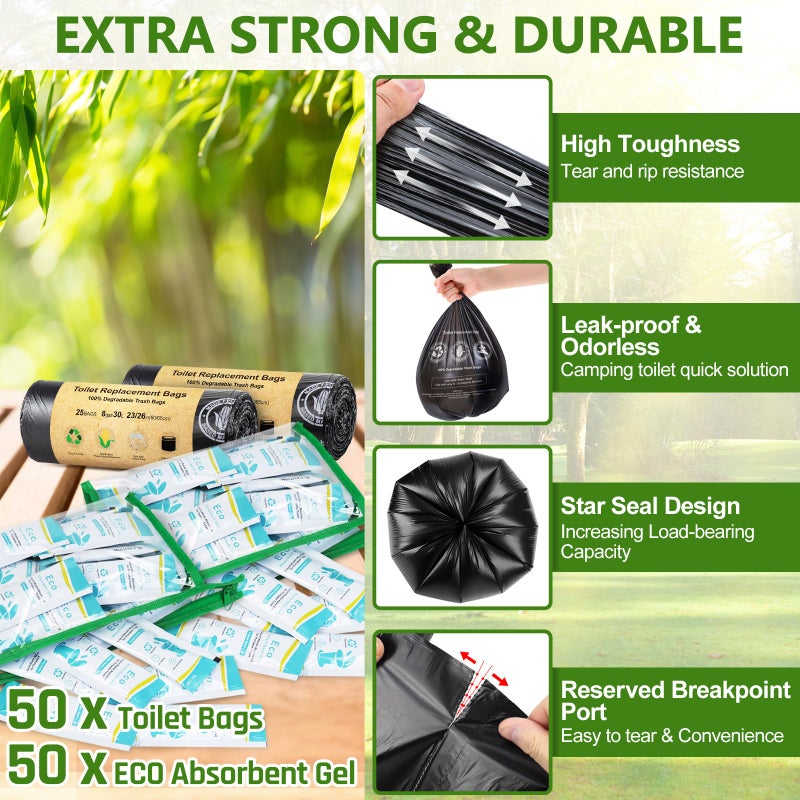 BLIKA 50 Count Camping Toilet Bags Eco Absorbent Gel Set, Portable Toilet Bags with Gel, 8 Gallon, 30 Liter, Heavy Duty 1 Mil, Toilet Replacement Bags with Toilet Powder for Camping Outdoor Hiking - Image 4