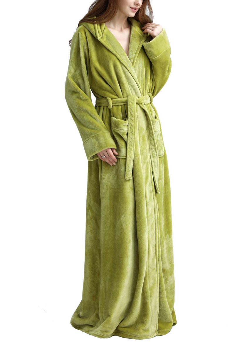 Flygo Women's Long Robe with Hood Soft Warm Full Length Sleepwear Luxurious Plush Fleece Winter Ladies Robes (Large, Green) - Image 1