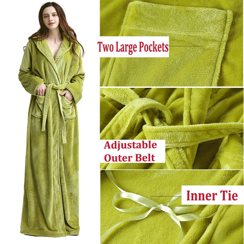 Flygo Women's Long Robe with Hood Soft Warm Full Length Sleepwear Luxurious Plush Fleece Winter Ladies Robes (Large, Green) - Image 3