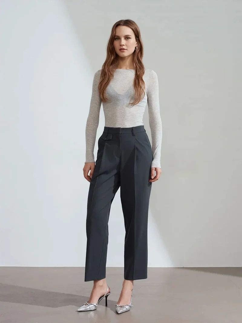 ديلفين Dilvin High-Waist Pleated Straight-Leg Trousers
