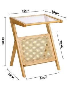 HOME TASTE TOMSUN Boho Rattan Side Table Mid Century Bamboo Nightstand with Glass Top and Storage Wooden Accent Bedside Table  - Image 2
