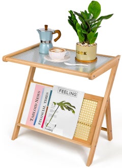 HOME TASTE TOMSUN Boho Rattan Side Table Mid Century Bamboo Nightstand with Glass Top and Storage Wooden Accent Bedside Table  - Image 4