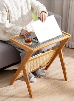 HOME TASTE TOMSUN Boho Rattan Side Table Mid Century Bamboo Nightstand with Glass Top and Storage Wooden Accent Bedside Table  - Image 1