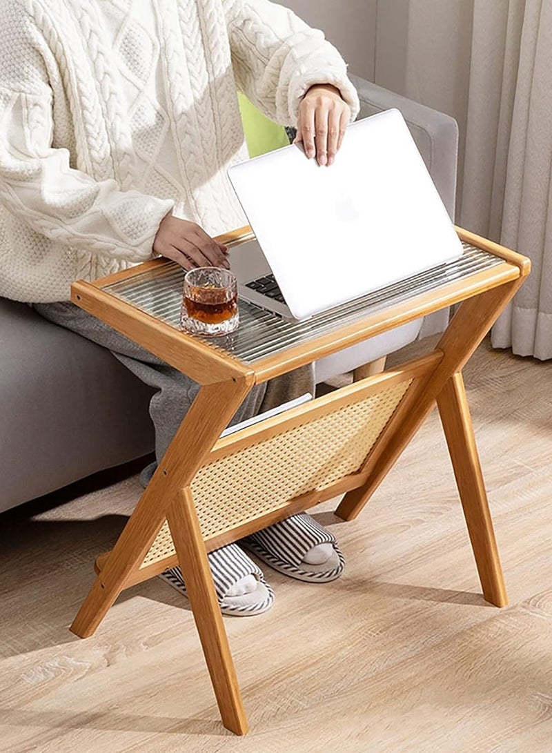 TOMSUN Boho Rattan Side Table Mid Century Bamboo Nightstand with Glass Top and Storage Wooden Accent Bedside Table