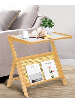 HOME TASTE TOMSUN Boho Rattan Side Table Mid Century Bamboo Nightstand with Glass Top and Storage Wooden Accent Bedside Table  - Image 5