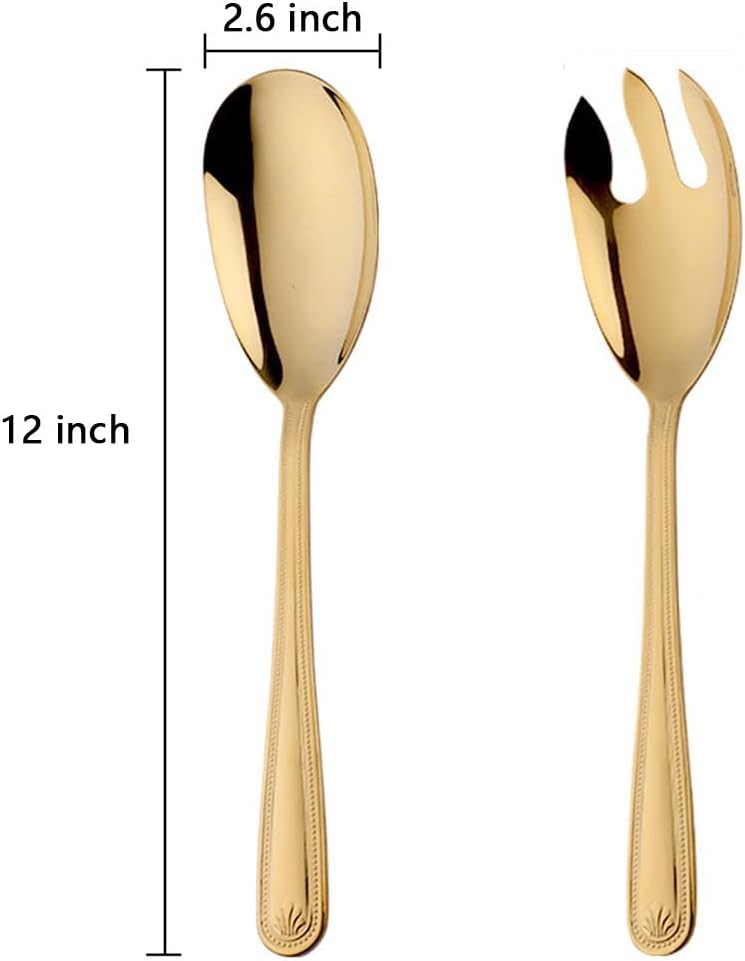 MBBITL Large 12" Salad Servers Set Serving Spoon Fork 18/10 Stainless Steel - Gold - Image 1