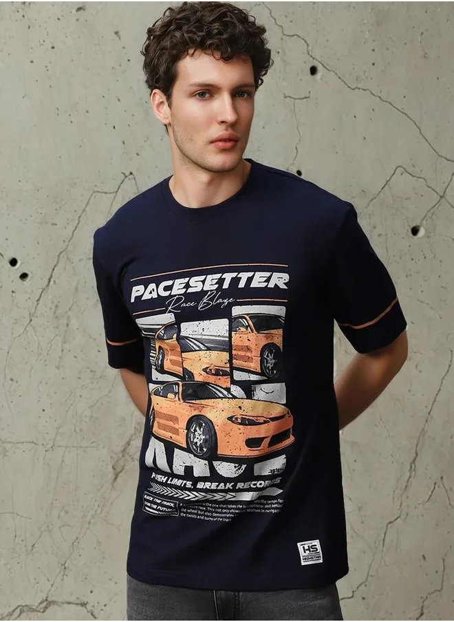 HIGH STAR Men's Navy 100% Cotton Printed Relaxed Fit T-Shirt