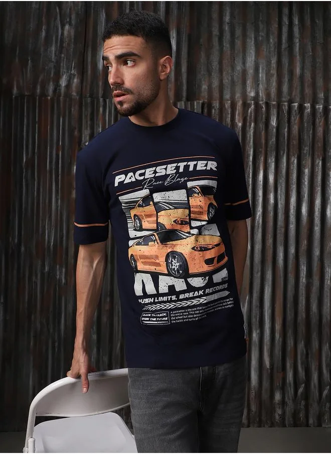 HIGH STAR Men's Navy 100% Cotton Printed Relaxed Fit T-Shirt