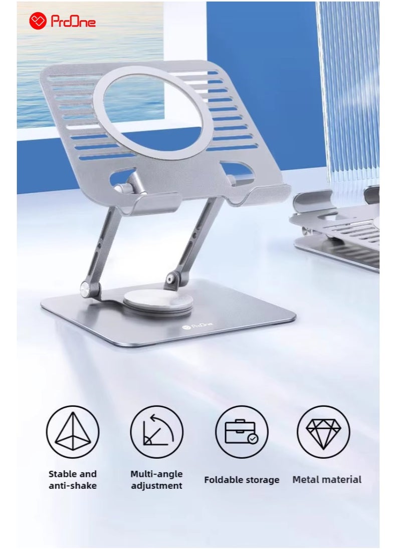 ProOne - Foldable 360° Rotating Base Laptop Stand for Desk (Up to 2 kg), ProOne PHL1192 Portable Metal Tablet Holder (4-13 inch), Ergonomic, Adjustable Laptop Riser for MacBook, iPad, More - Silver Grey - Image 1