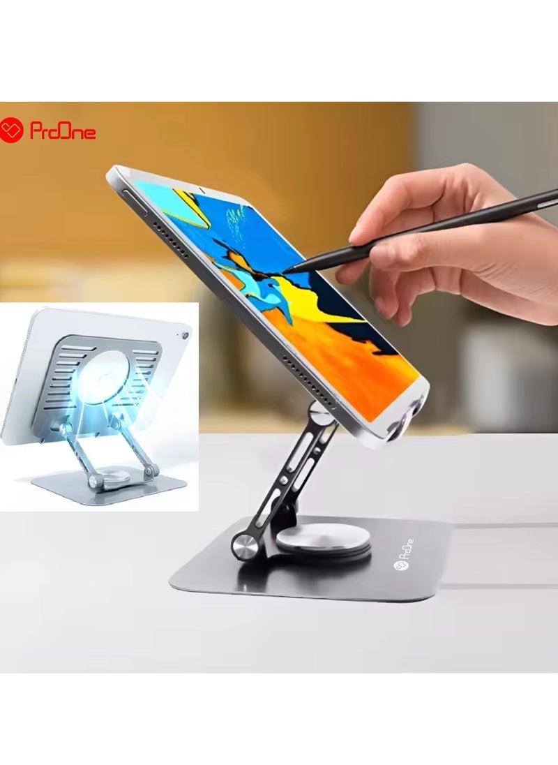 ProOne - Foldable 360° Rotating Base Laptop Stand for Desk (Up to 2 kg), ProOne PHL1192 Portable Metal Tablet Holder (4-13 inch), Ergonomic, Adjustable Laptop Riser for MacBook, iPad, More - Silver Grey - Image 1