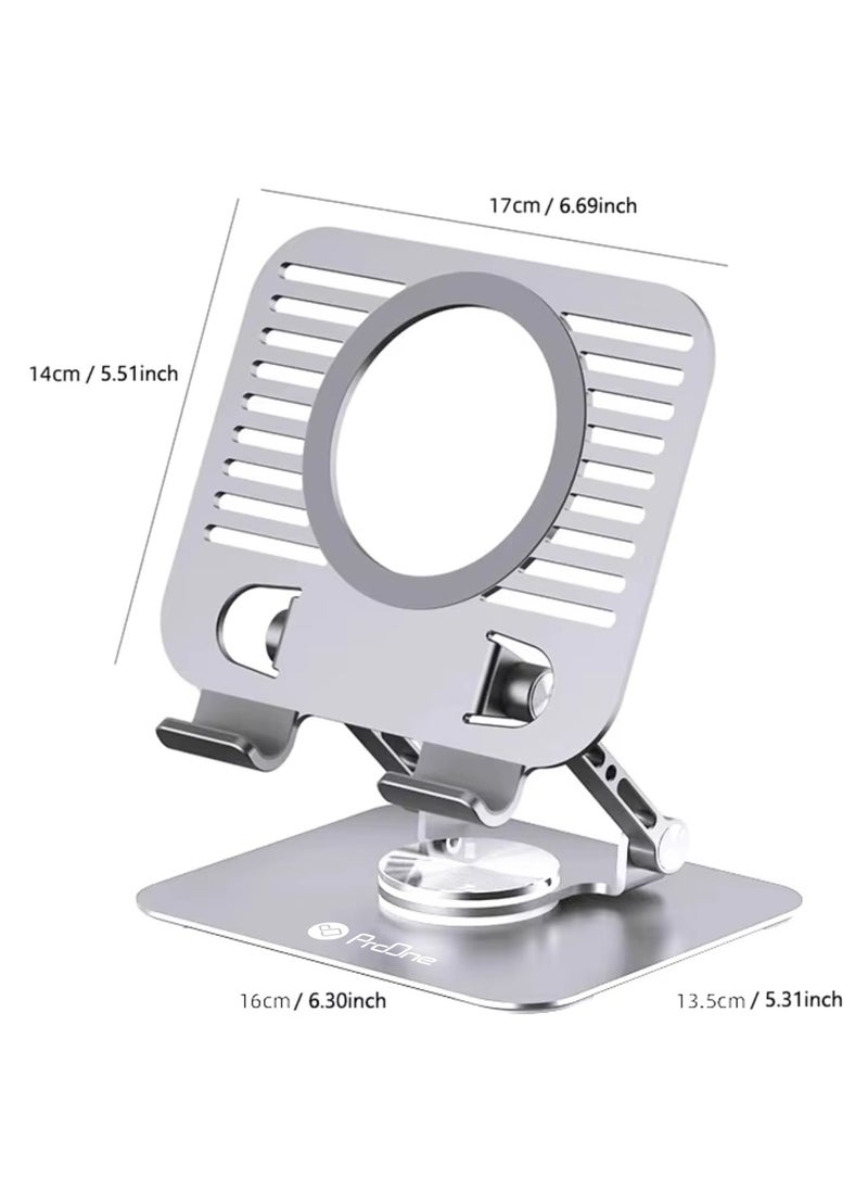 ProOne - Foldable 360° Rotating Base Laptop Stand for Desk (Up to 2 kg), ProOne PHL1192 Portable Metal Tablet Holder (4-13 inch), Ergonomic, Adjustable Laptop Riser for MacBook, iPad, More - Silver Grey - Image 1