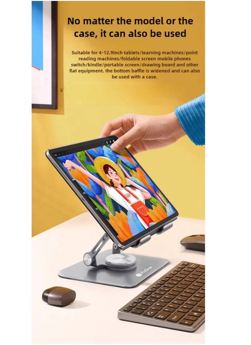 ProOne - Foldable 360° Rotating Base Laptop Stand for Desk (Up to 2 kg), ProOne PHL1192 Portable Metal Tablet Holder (4-13 inch), Ergonomic, Adjustable Laptop Riser for MacBook, iPad, More - Silver Grey - Image 1